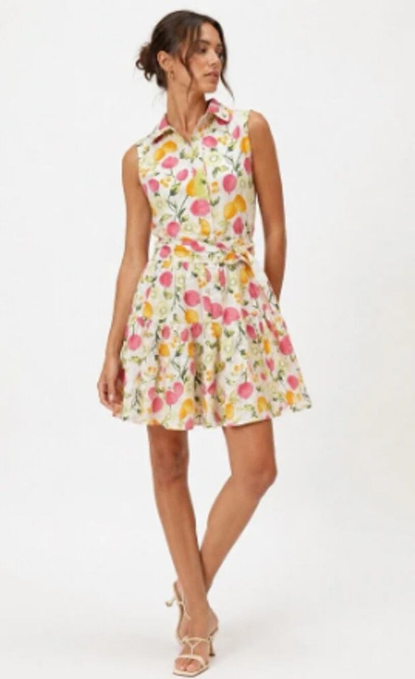 Cynthia Rowley Fruit Print Linen Blend Shirt Dress Belted Sleeveless Size 14